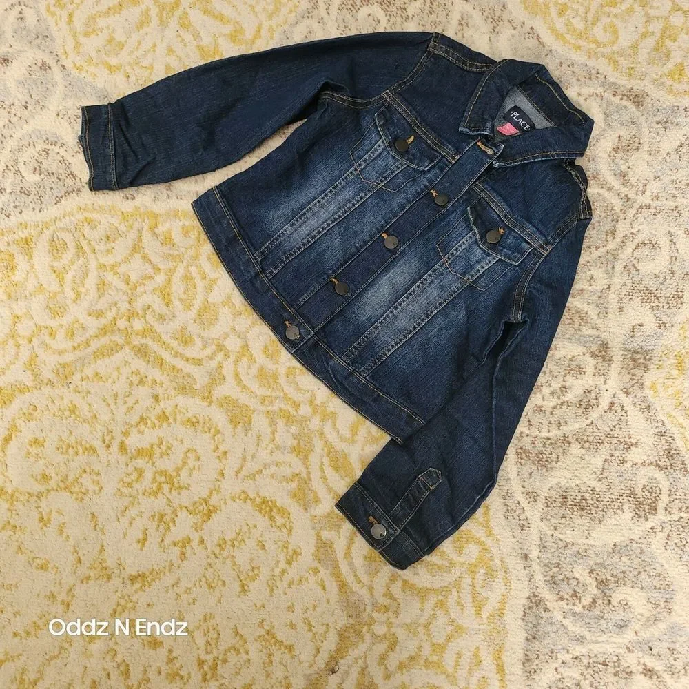 Childrens Place Dark Blue Denim Jacket M 7/8 girl Long Sleeve Button Up With Poc